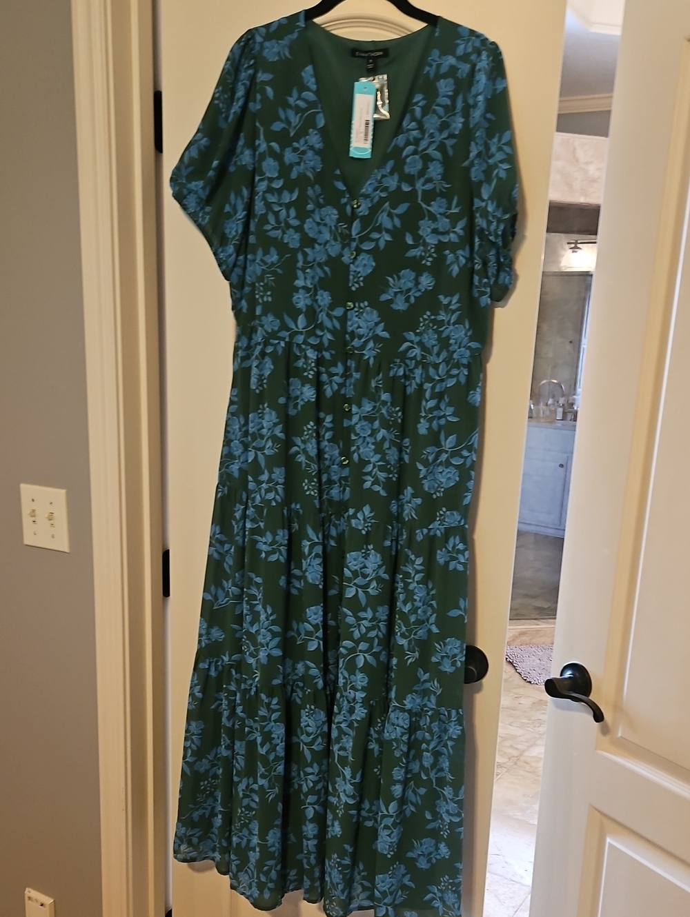 41 Hawthorn Janine Short Sleeve Green Maxi Dress with Blue Floral Pattern - Picture 4 of 4